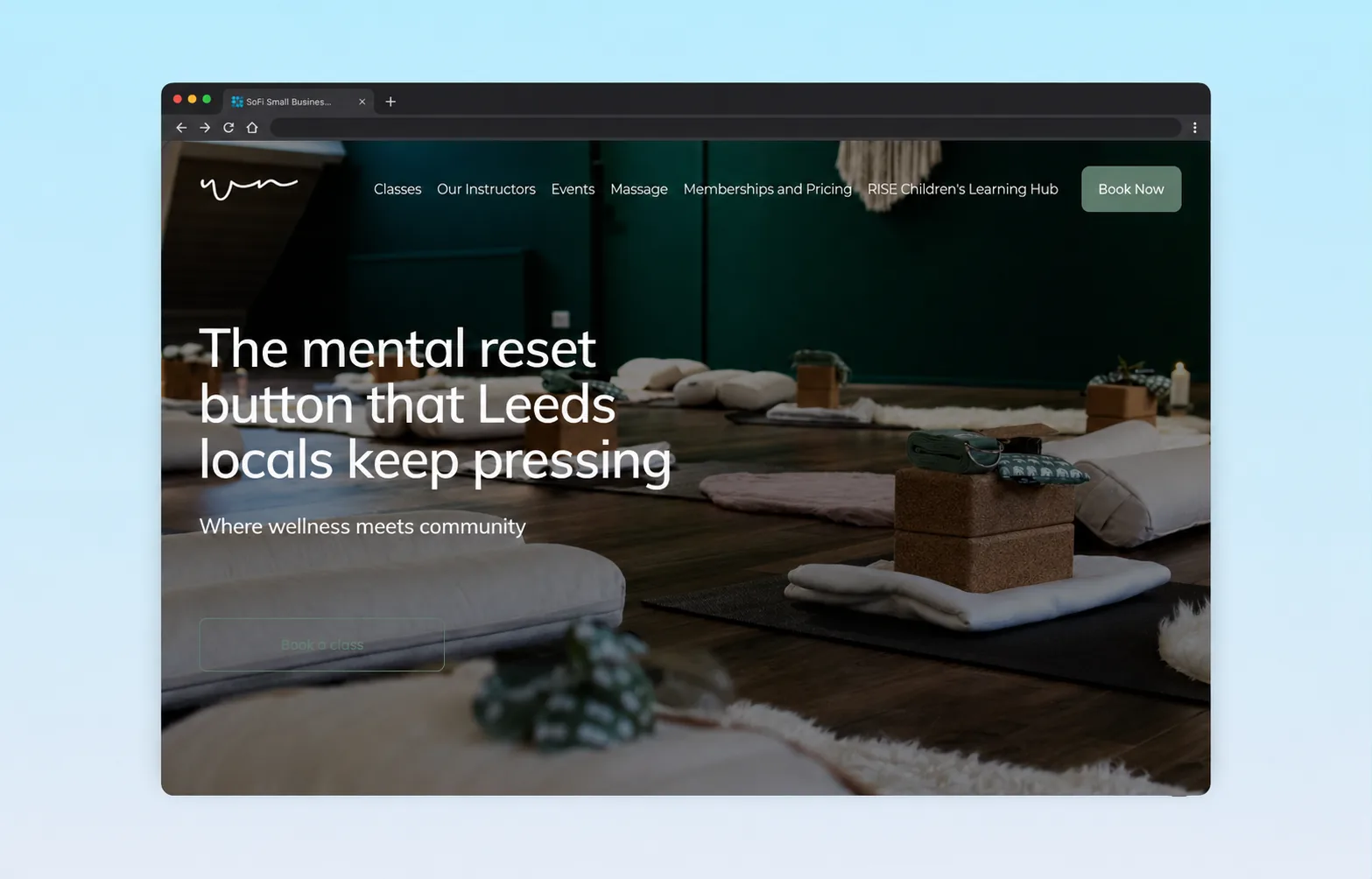 WellNest homepage — a candlelit yoga studio with the headline “The mental reset button that Leeds locals keep pressing”